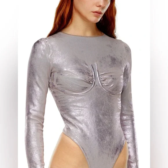 Diesel Metallic Bustier Bodysuit NWT | Sculpted Cup Long Sleeve Statement $695 - Picture 2 of 9